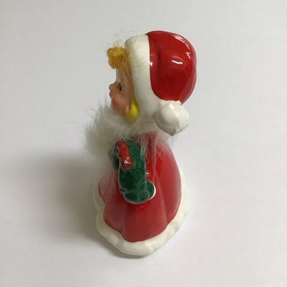 Napco ? Ceramic Christmas Girl Figurine Wreath Hair Fur Red Mrs. Claus Dress VTG - Picture 13 of 14